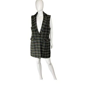 Bagatelle Collection‎ Black Gold White Blue Tweed Collared Sleeveless Vest Dress